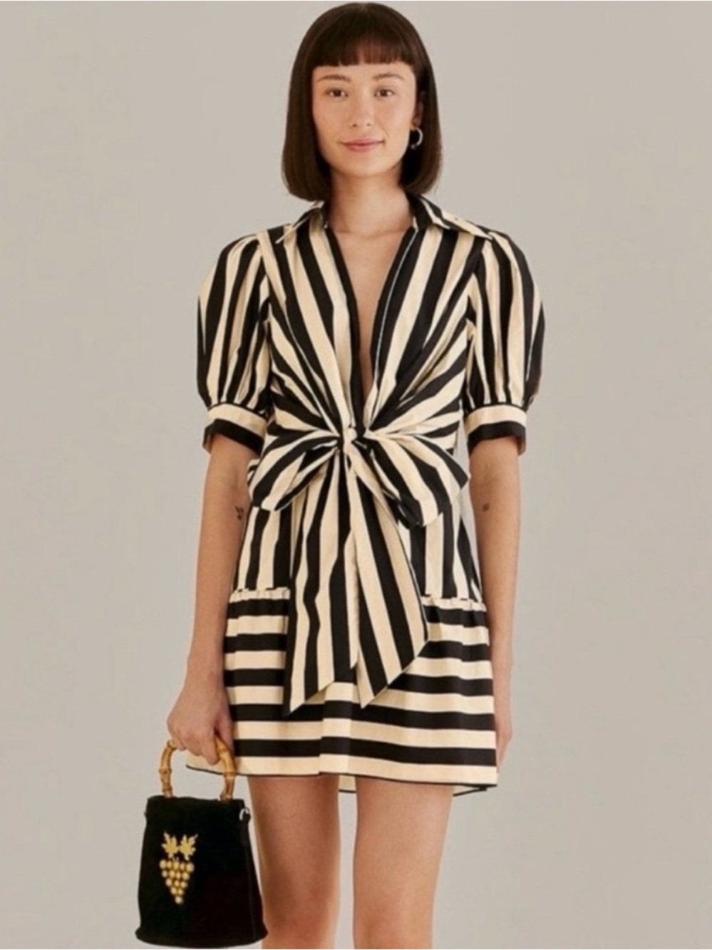 FARM Rio Black and Cream Striped Tie-Front Mini Dress